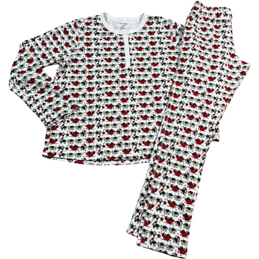 Roller Rabbit Pajama Set Womens XS White Christmas Elephant Sleigh Excellent PJs